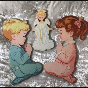 Vintage MCM 1960s Kitsch Kids Bedtime Prayer Angel Wall Hanging Art